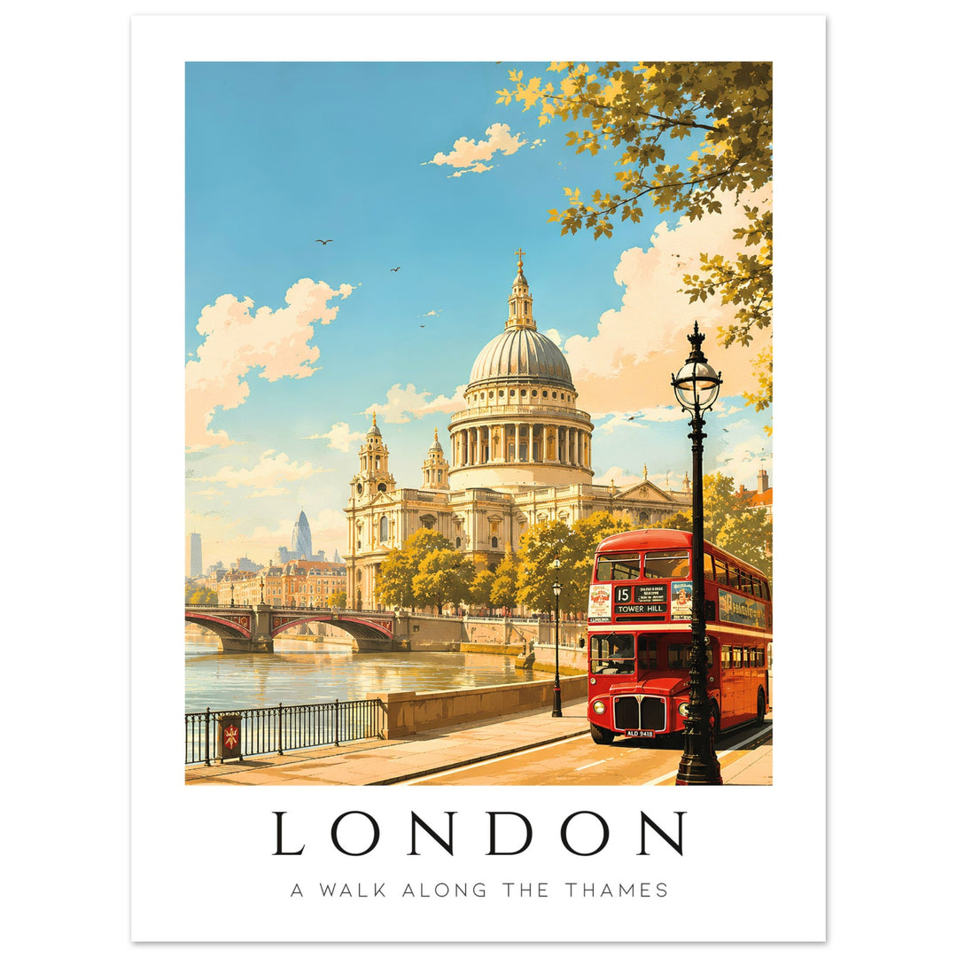 lámina feng shui  decorativa Vintage de Londres con autobús rojo y el río Támesis.