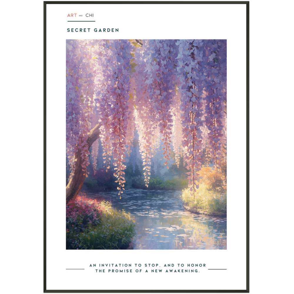 Fine art poster of cascading lilac blossoms over a serene pond, Secret Garden collection, impressionist botanical artwork by Art and Chi