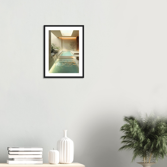Piscina interior de lujo en estilo minimalista, un spa o baño moderno con cascada y claraboya, diseño de interiores color beige y crema lamina simple marco madera negro natural medidas 30x40 cm