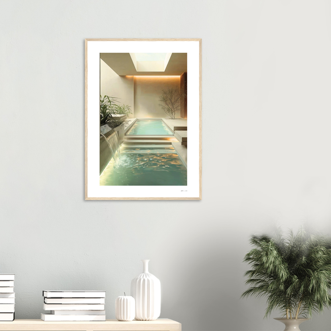 Piscina interior de lujo en estilo minimalista, un spa o baño moderno con cascada y claraboya, diseño de interiores color beige y crema lamina simple marco madera pino natural medidas 50x70 cm