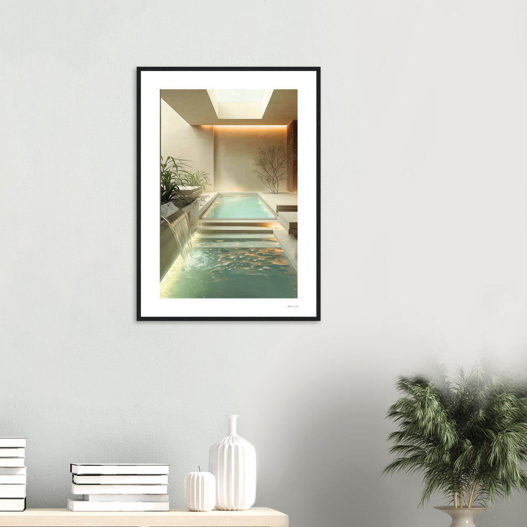 Piscina interior de lujo en estilo minimalista, un spa o baño moderno con cascada y claraboya, diseño de interiores color beige y crema lamina simple marco madera negro natural medidas 50x70 cm