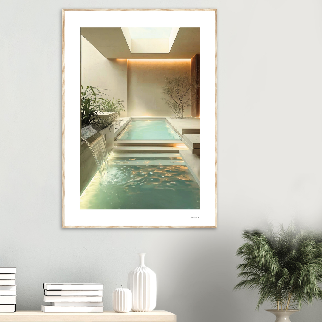 Piscina interior de lujo en estilo minimalista, un spa o baño moderno con cascada y claraboya, diseño de interiores color beige y crema lamina simple marco madera pino natural medidas 70x100 cm