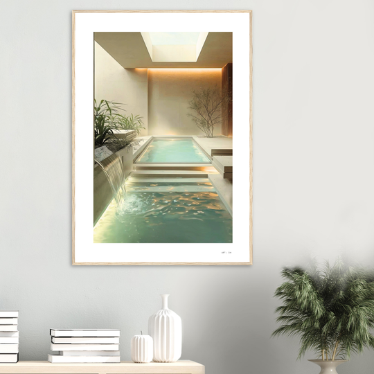Piscina interior de lujo en estilo minimalista, un spa o baño moderno con cascada y claraboya, diseño de interiores color beige y crema lamina simple marco madera pino natural medidas 70x100 cm