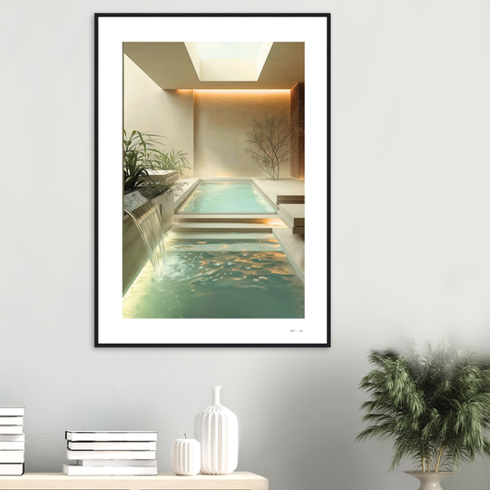 Piscina interior de lujo en estilo minimalista, un spa o baño moderno con cascada y claraboya, diseño de interiores color beige y crema lamina simple marco madera negro natural medidas 70x100 cm