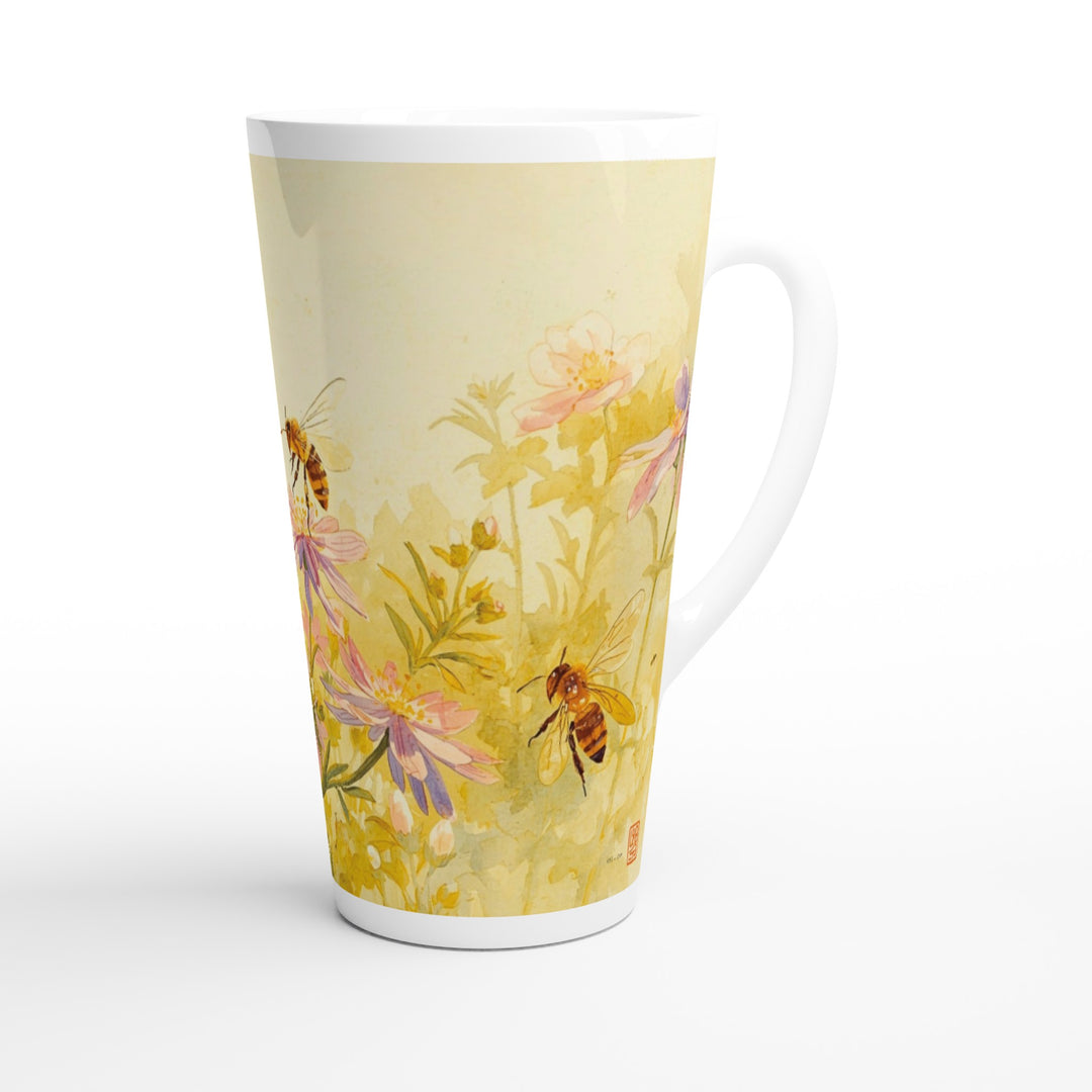 Taza alta con ilustración de abejas y flores silvestres en tonos amarillos suaves