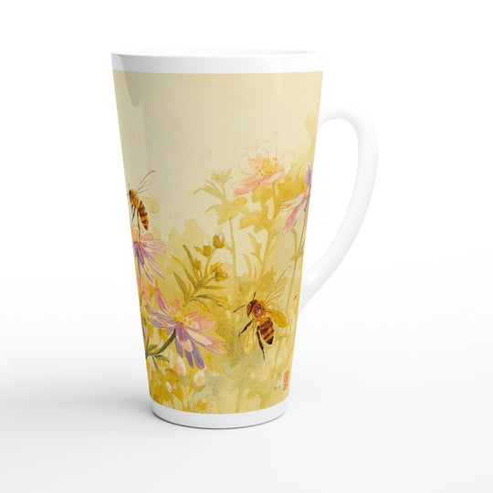 Taza alta con ilustración de abejas y flores silvestres en tonos amarillos suaves
