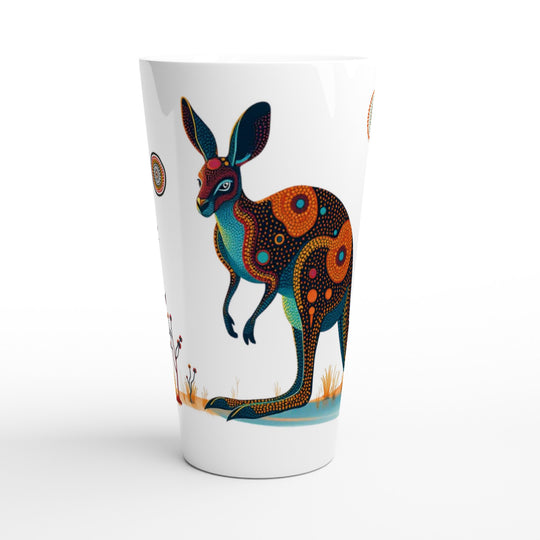 Taza alta con ilustración de canguro colorido sobre fondo blanco