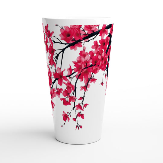 Vista central de taza alta con flores de cerezo en rosa y negro sobre fondo blanco