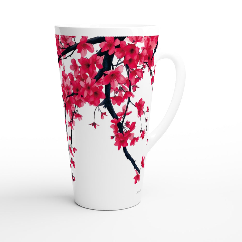 Taza alta con ramas de cerezos en flor en tonos rosa intenso sobre fondo blanco