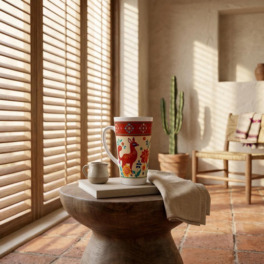 Taza alta con diseño colorido de inspiración mexicana sobre mesa de madera