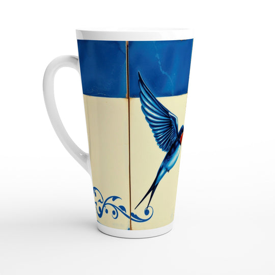 Taza alta con golondrina azul inspirada en elegantes azulejos de Portugal