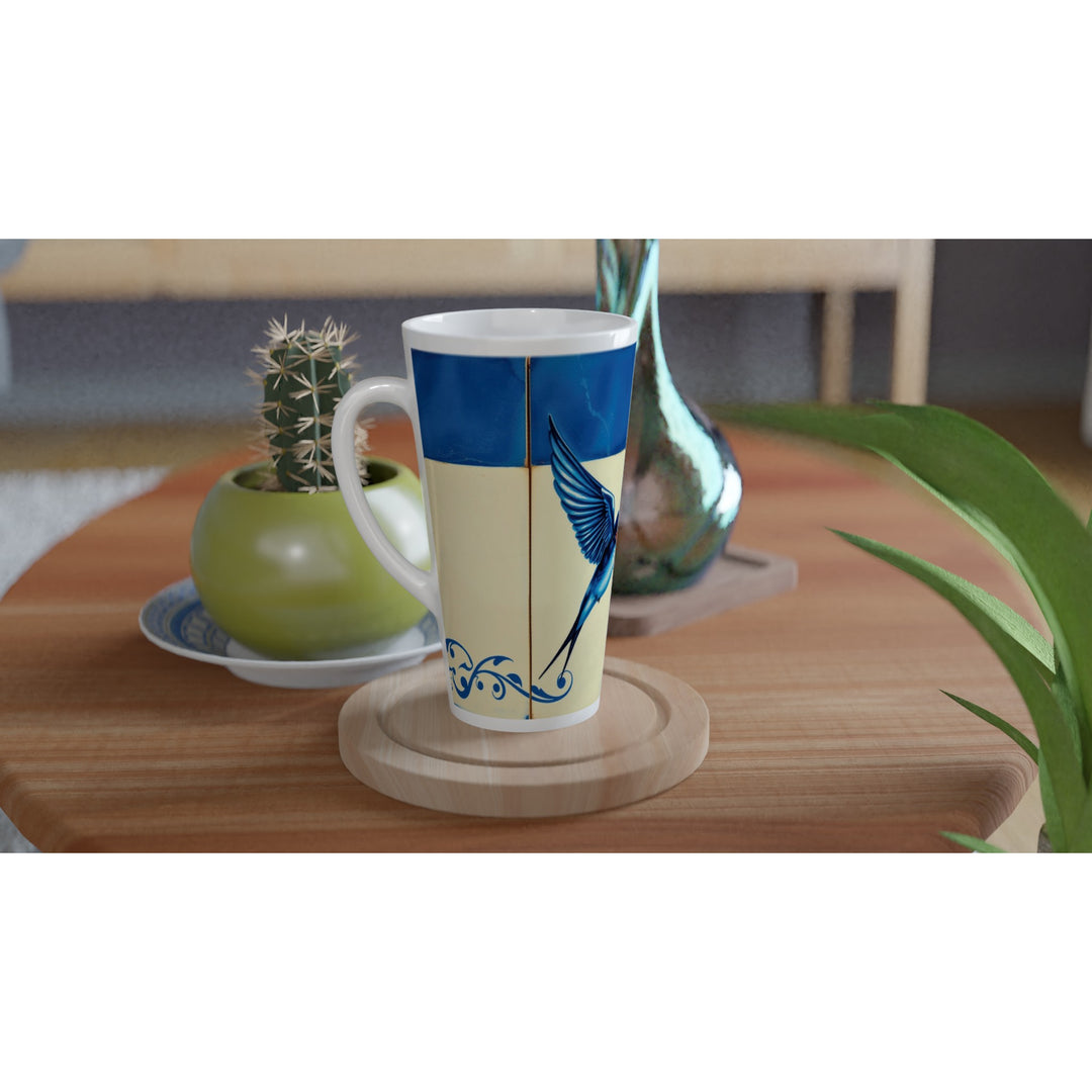 Taza elegante en tonos azules y blancos con golondrina sobre mesa de madera, inspiración portuguesa.