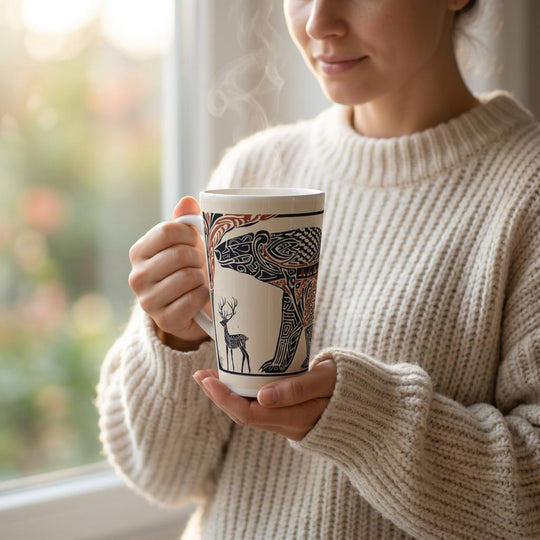 Tazas del Mundo | Arte Tribal de Groenlandia, mujer sosteniendo taza alta con diseño tribal artístico