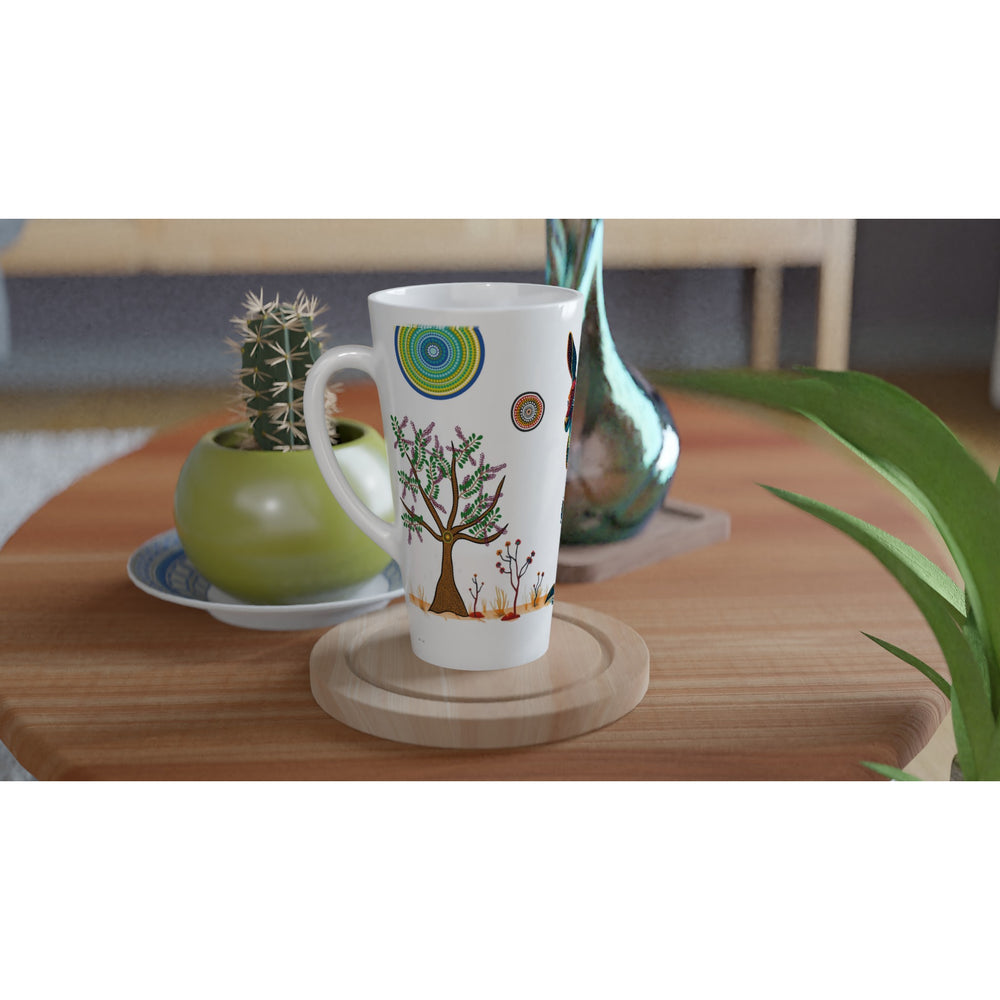 Tazas del Mundo | Canguro, taza alta en escena decorativa con diseño de canguro y taza multicolor sobre mesa