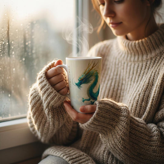 Mujer sosteniendo una taza alta con diseño de dragón Qinglong en tonos turquesa y azul
