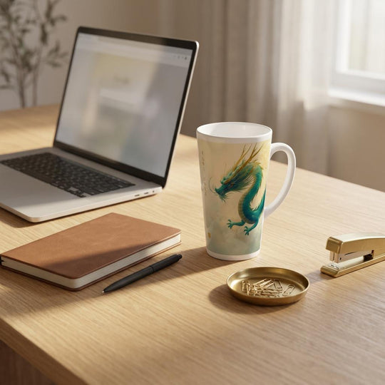 Taza alta con dragón Qinglong en un escritorio luminoso con portátil y cuaderno