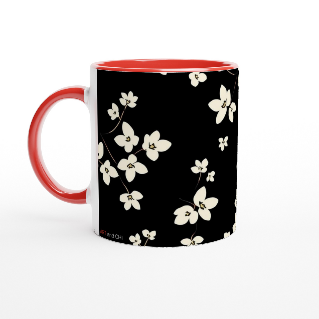 taza itnerior roja  con patrón floral blanco estilo japonés moderna