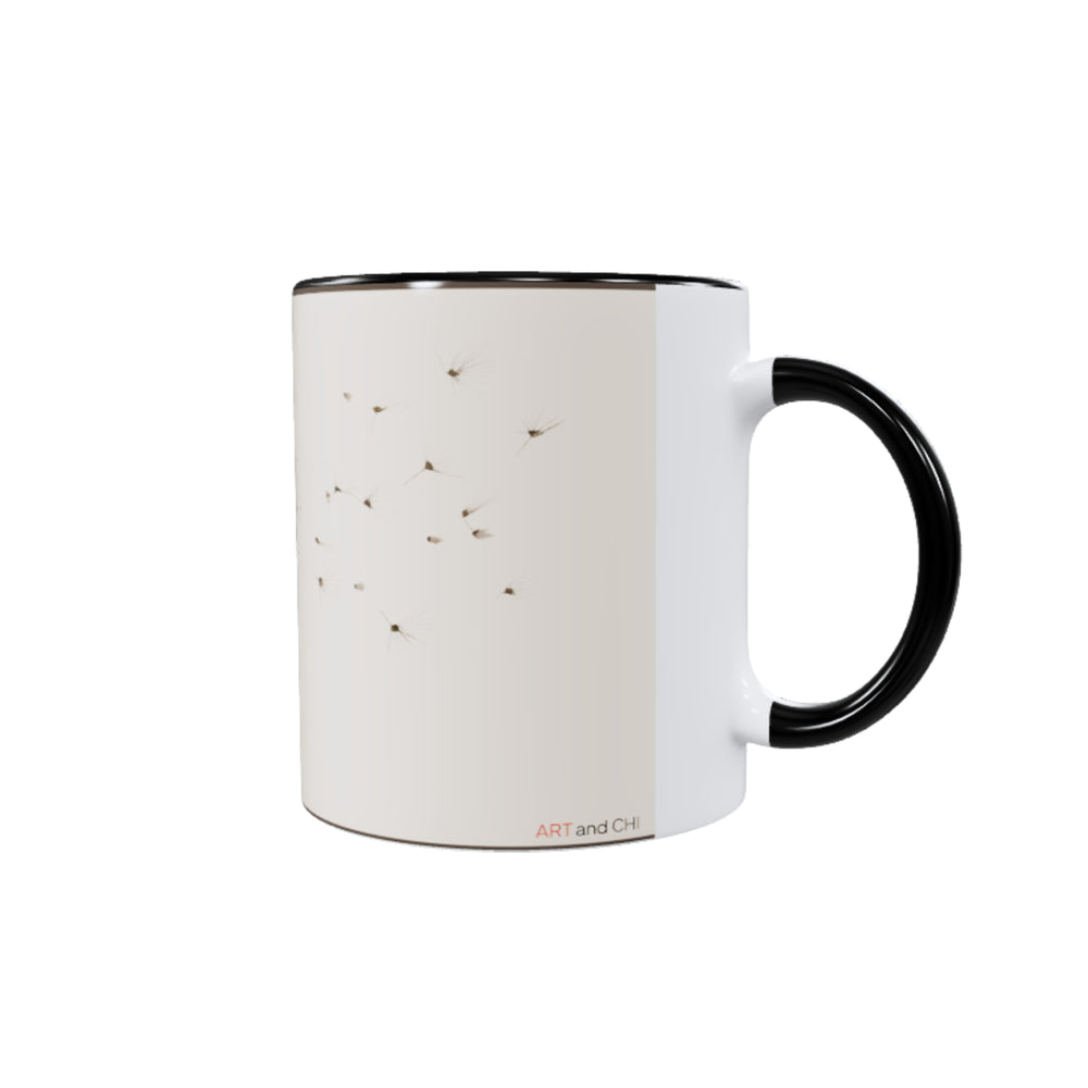Taza Diente de León japonesa de cerámica blanca con diseño floral minimalista y estilo japonés, ideal para regalo espiritual o decoración zen.