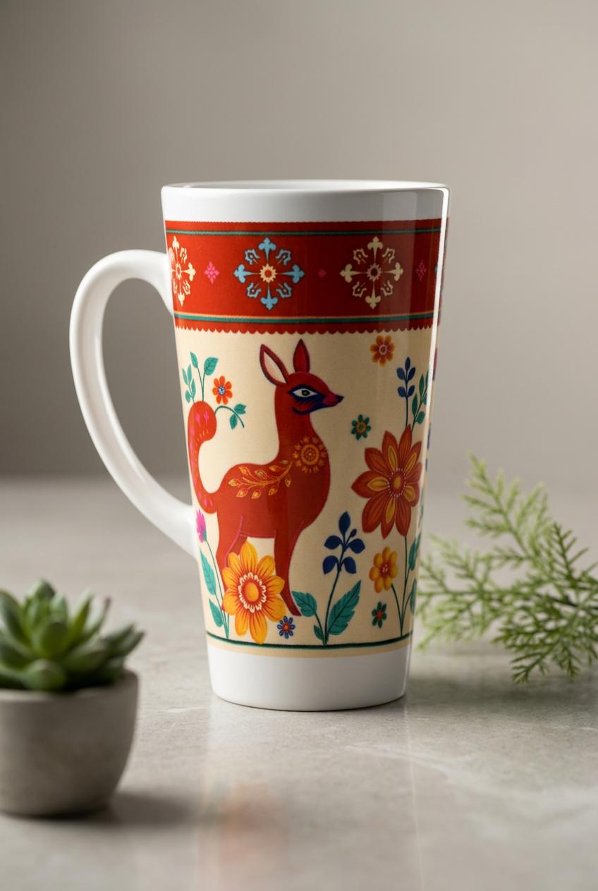 Taza alta con diseño de zorro colorido en una escena interior luminosa