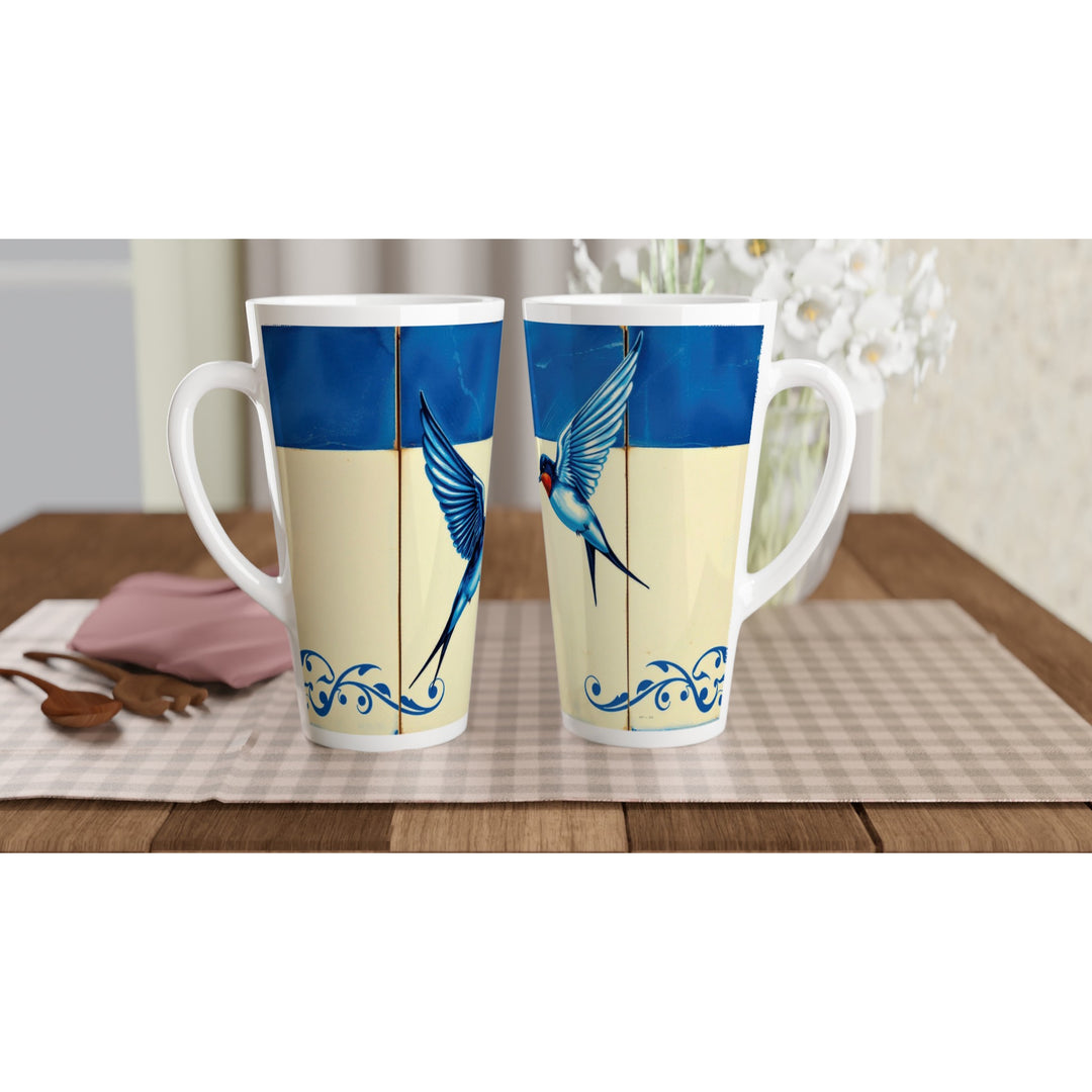 Tazas altas con diseño de azulejos de Portugal, con golondrinas, en color blanco y azul