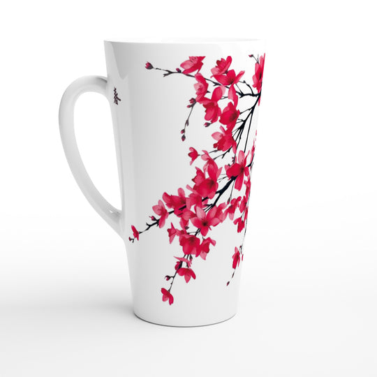 Vista lateral de taza japonesa con kanji alta con flores de cerezo en rosa y negro sobre fondo blanco