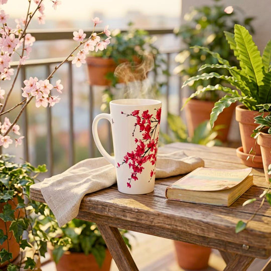 Taza del Mundo Japandi Cerezo en Flor en mockup sobre mesa de balcón con plantas verdes y luz de primavera